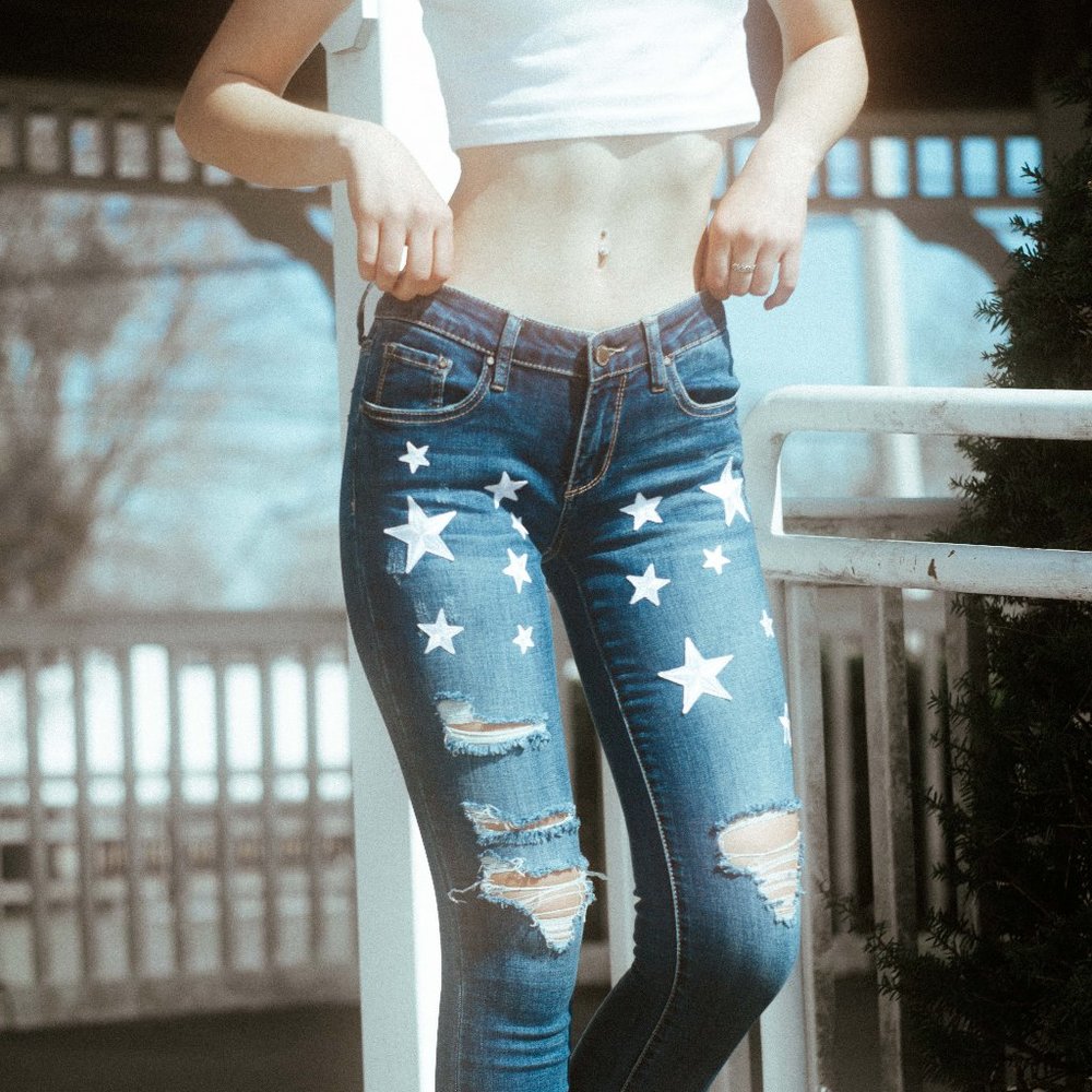 Silver Stars Patches Ripped Jean